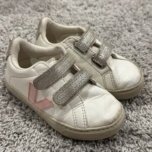 Veja Kids White Sneakers with Pink and Silver Accents